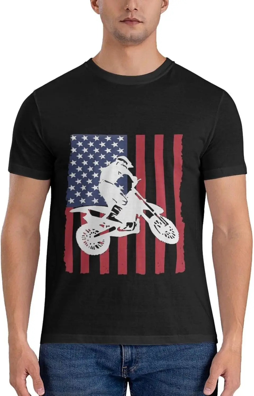 Dirt Bike Motocross Supercross USA Flag Men's Cotton Crewneck T-Shirts, Casual Shirts