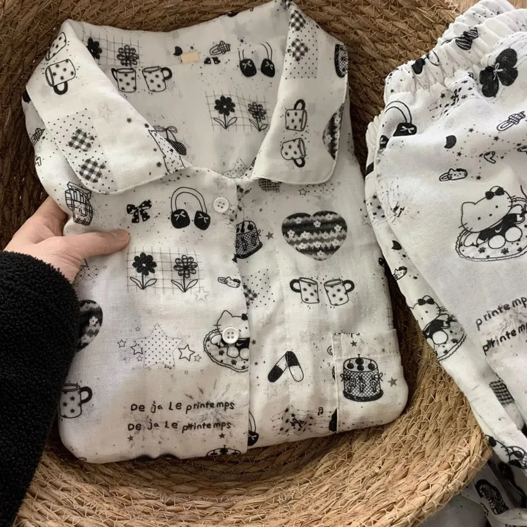 

Cute Hello Kitty cartoon Sketch Print Pajama Set, Women's Soft Loungewear, Long Sleeve Top & Pants, Comfortable Home Nightwear