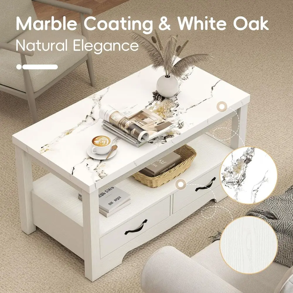 Table basse moderne en faux marbre à 2 niveaux avec tiroirs, design rectangulaire en bois pour salon et salle de conférence, finition chêne blanc,