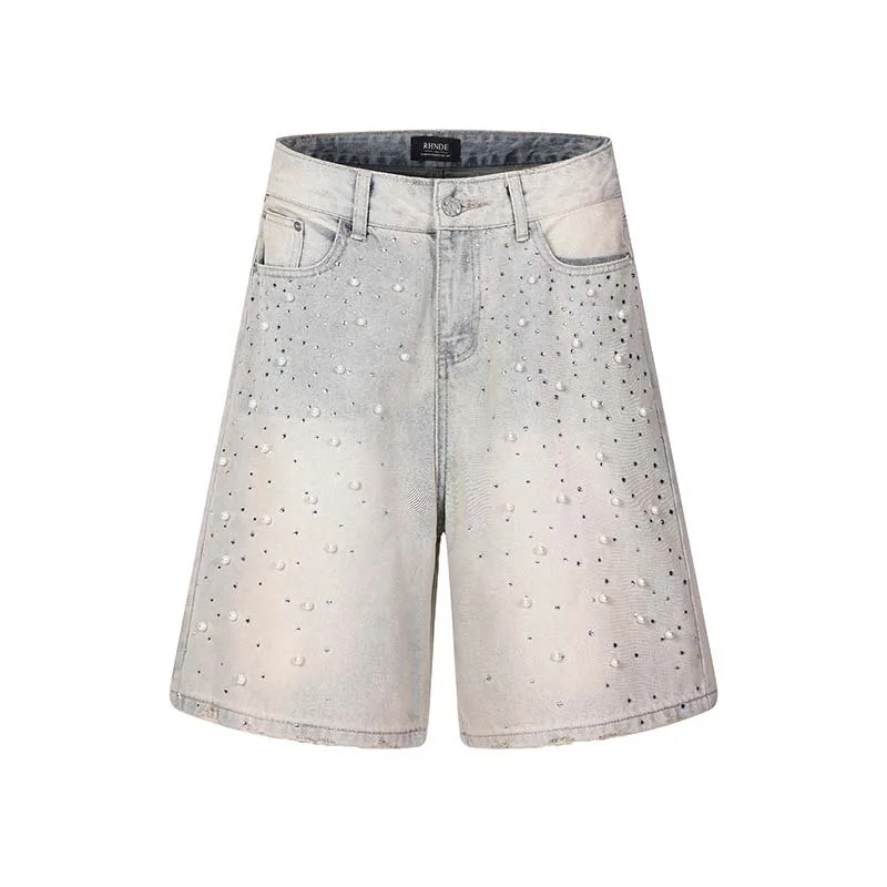 

Men's High Street Hip Hop Short Jeans With Hotfix Rhinestone Fashion Streetwear Washed Vintage Denim Shorts Personality Design