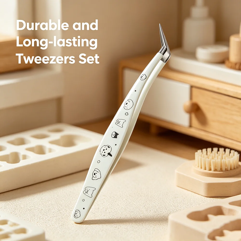 3Pcs DIY Handcraft Tool Stainless Steel Tweezers Flat Slant & Printed Curved Tweezers for Jewelry Model Beauty Application