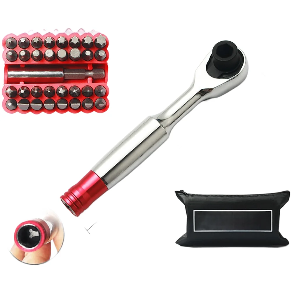 72 Tooth Ratchet Wrench 1/4 Inch Hex Driver Bit Set With 33 Pieces Chrome Vanadium Steel For Home Repair DIY Projects Compact Re
