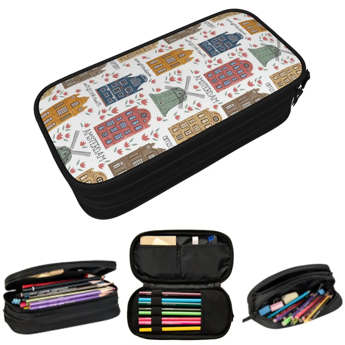 Amsterdam. Seamless Pattern With Old Historic Buildings Pencil Case Students School Pen Box Pencil Bag Stationery Pen Holder Bag