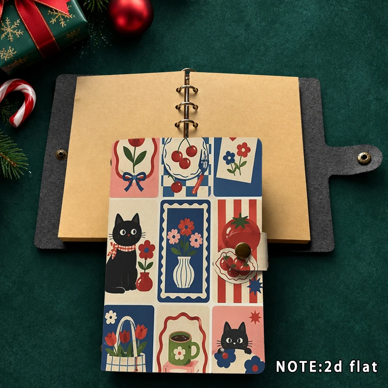 Cute Black Cat Floral Collage Journal Snap Button Retro Cartoon Cat Flower Print Travel Diary Office School Writing Stationery G