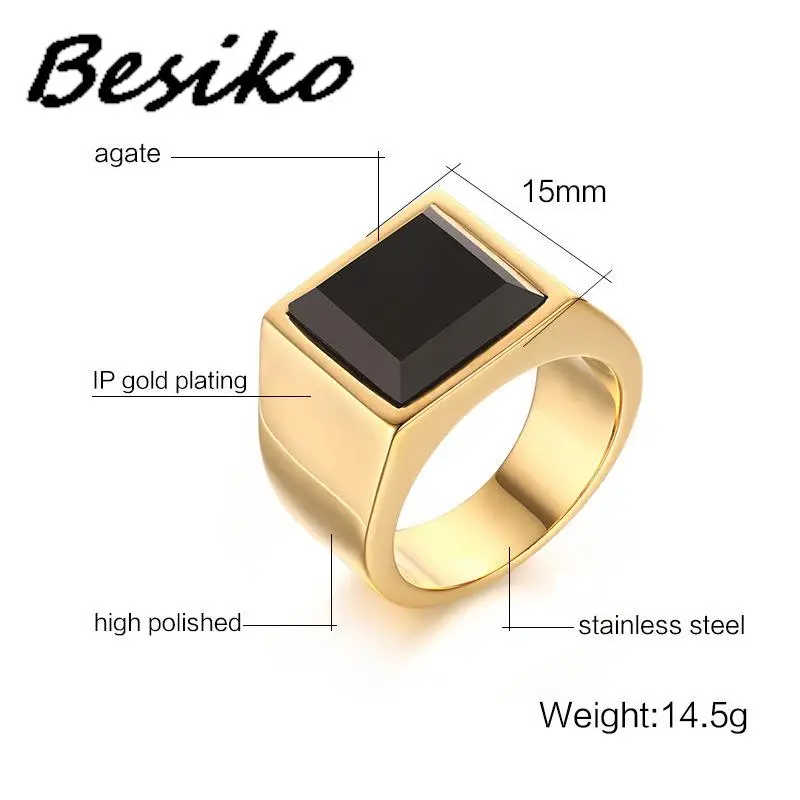 Besiko Trendy Men Square Black Stone Ring Stainless Steel Retro Signet Rings Rock Punk Male Jewelry Boyfriend Gift Dropshipping