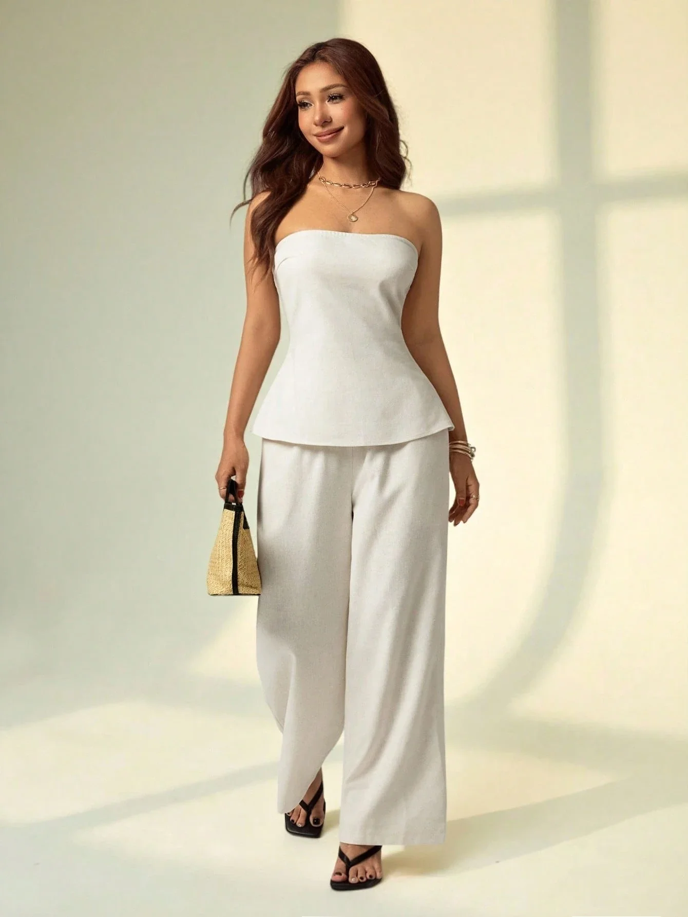 

Women Casual Solid Color Bandeau Top And Wide Leg Pants Set