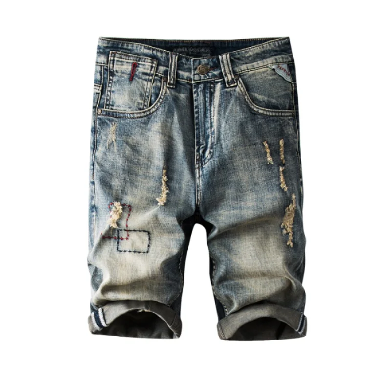 Summer Street Denim Shorts Men's Retro Distressed Heavy Washed High-End Slim Straight Scratch Design Shorts