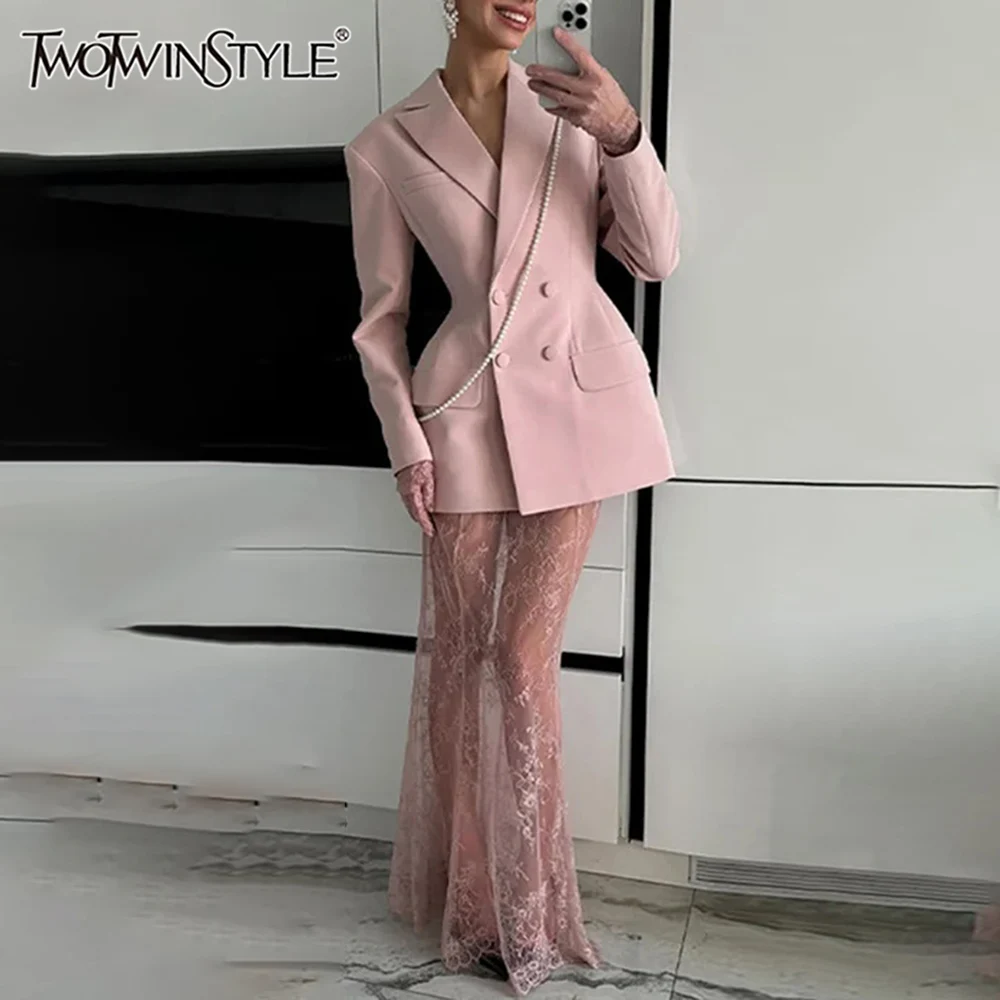TWOTWINSTYLE Solid Two Piece Set for Women Lapel Long Sleeve Tunic Coats High Waist Temperament Skirts Female Fashion