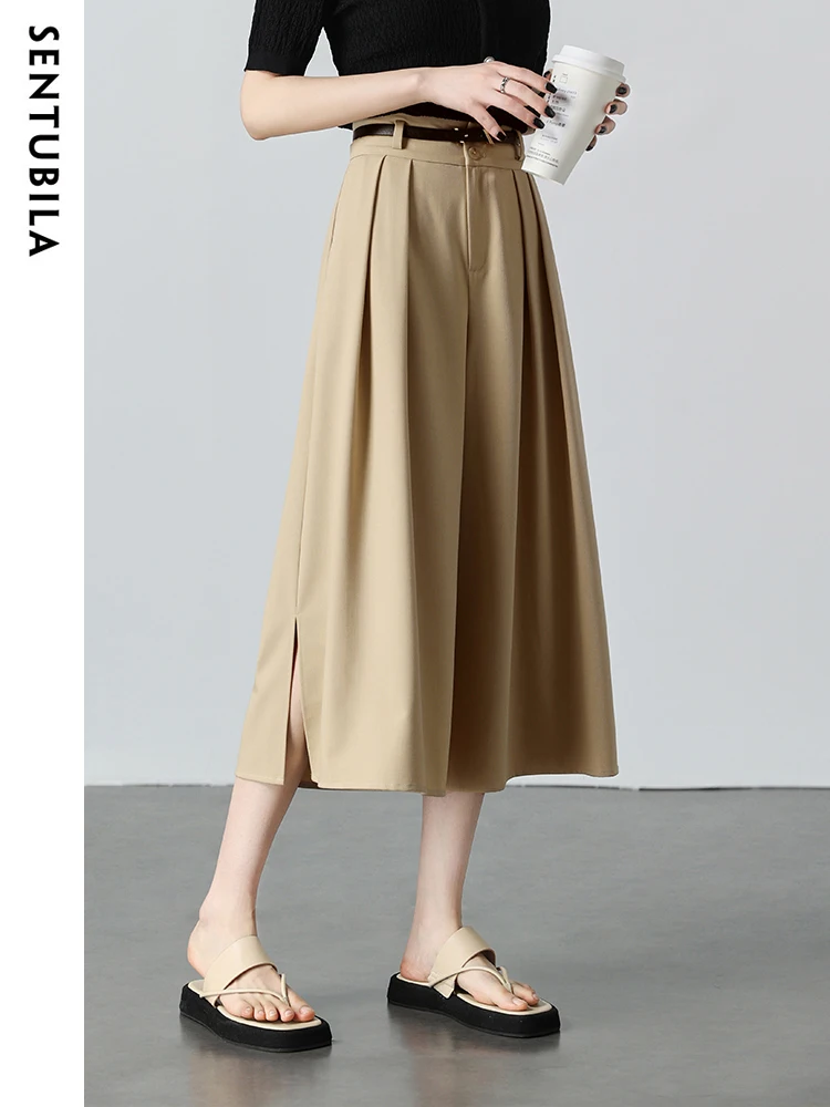 SENTUBILA Elegant Khaki Skirt Pants for Women 2024 Summer Fashion Casual Elastic Waist Loose Side Split Wide Leg Pleated Pant