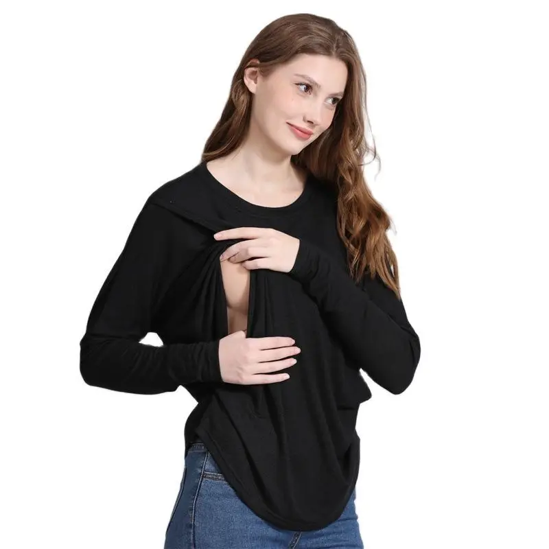 New Maternity Clothes Womens Longsleeve Crew Neck Solid Color Nursed Tops Casual T Shirt For Breastfeeding