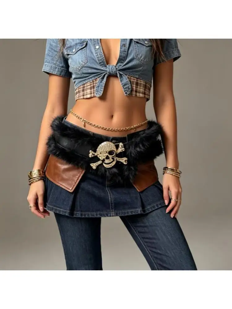 31BB Black Plush Statement Waist Belt with Decorative Metal Skull Hardware, Clear Rhinestones-Look Accents and Snap-Button