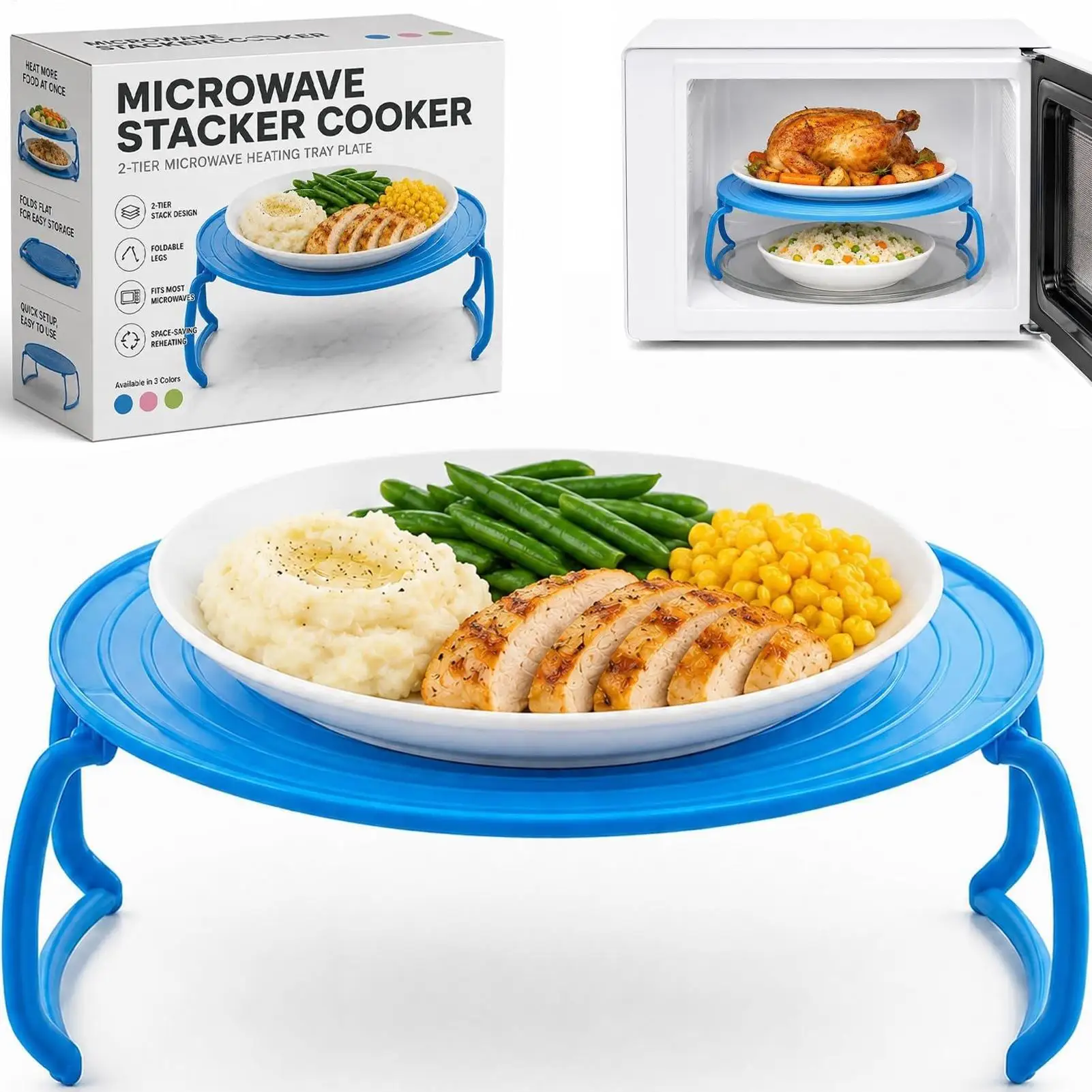 Foldable 2 Tier Microwave Steamer Rack Space Saving Bowl Plate Stand Stackable Kitchen Organizer for Home Dorm Office Pantry