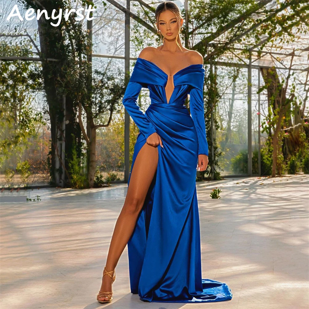 Aenyrst-Robe de Soirée Sexy en Satin, Col en V, Manches sulf, Sirène, Fente Haute, Bal, Quelle que soit la Longueur au Sol