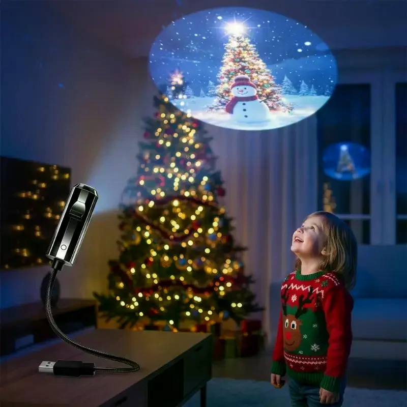 USB Powered Xmas LED Projector Light With 6 Interchangeable Slides, Indoor Party Home Bedroom Decoration Lamp