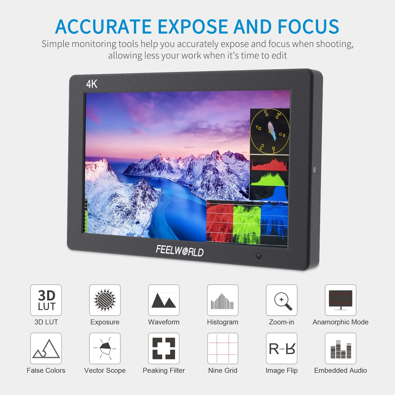 FEELWORLD  7Inch 3D LUT IPS 1920x1200 On-camera Field Monitor Aluminum Housing  4K HDMI Input/ Output  For Video Shooting T7 PLU