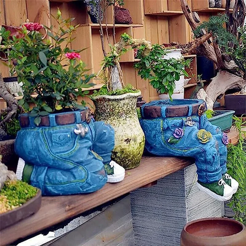 Jeans Flower Decorative Plant Pot Flower Pot Table Decoration Statue Planter Flower Pot Small Plant Pot