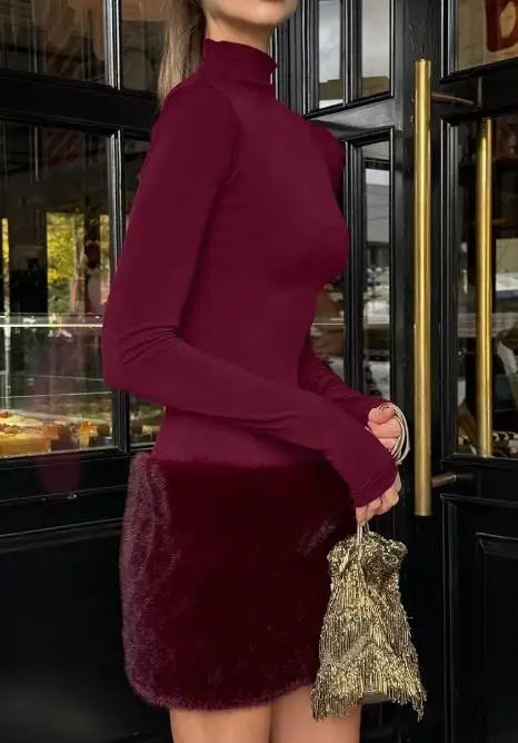 

Autumn Solid Color Stand Up Collar Patchwork Plush Design Skirt Dress, Women's Fashionable and Personalized Hip Hugging Dress