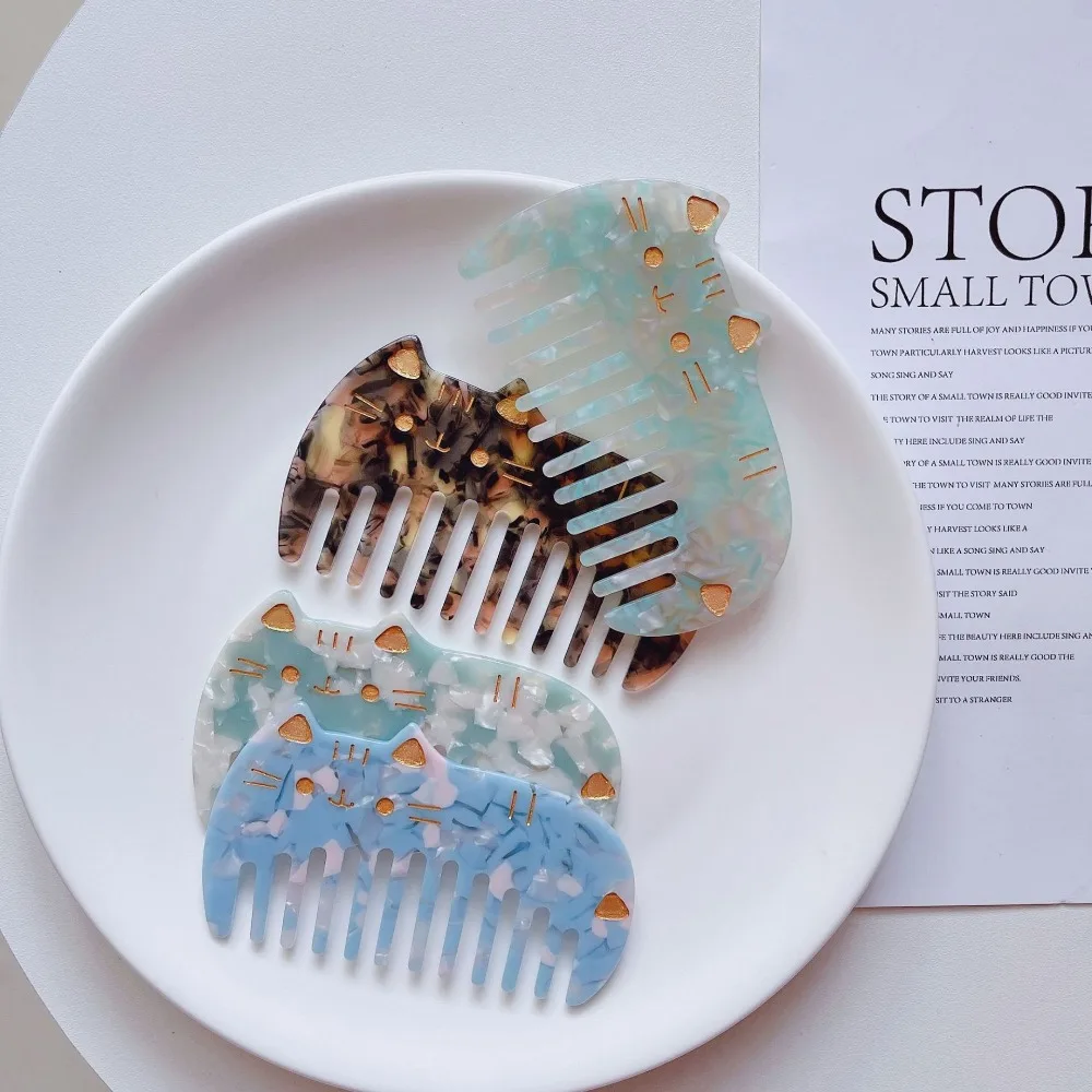 

Acetate Hair Combs New Colorful Wide Teeth Hairdressing Comb Cute Cat Anti Static Washing Comb Women
