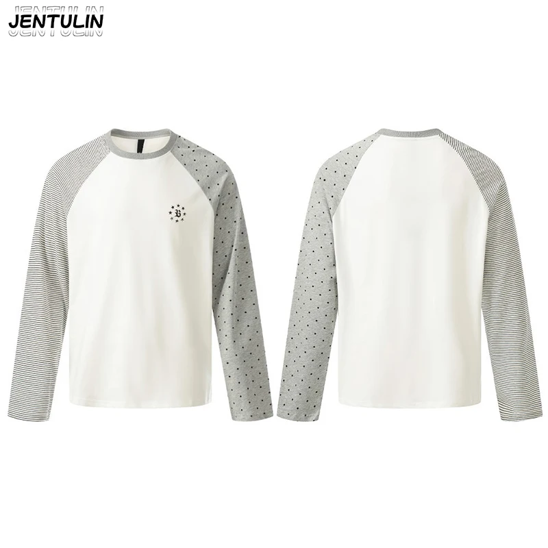 Harajuku Aesthetic Striped Polka Dot Spliced Long Sleeved T-shirt With Contrasting Color Raglan Sleeves Embroidered Base Shirt