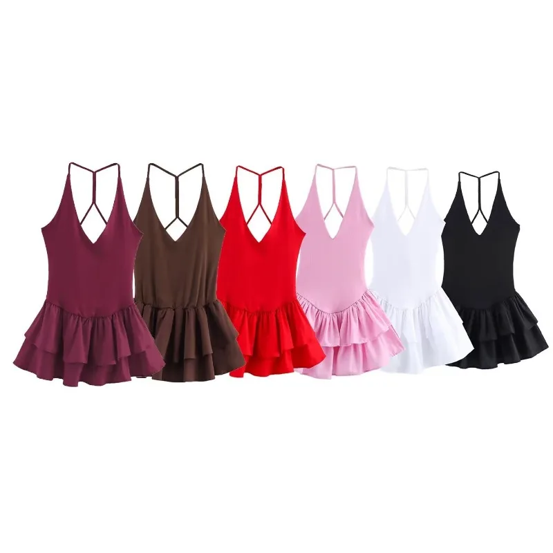 Deep V-neck Sexy Slim Fit Backless Halter Top Mini Short Dress 2025 Summer New Women's Clothing Solid Color Splicing Mid Waist