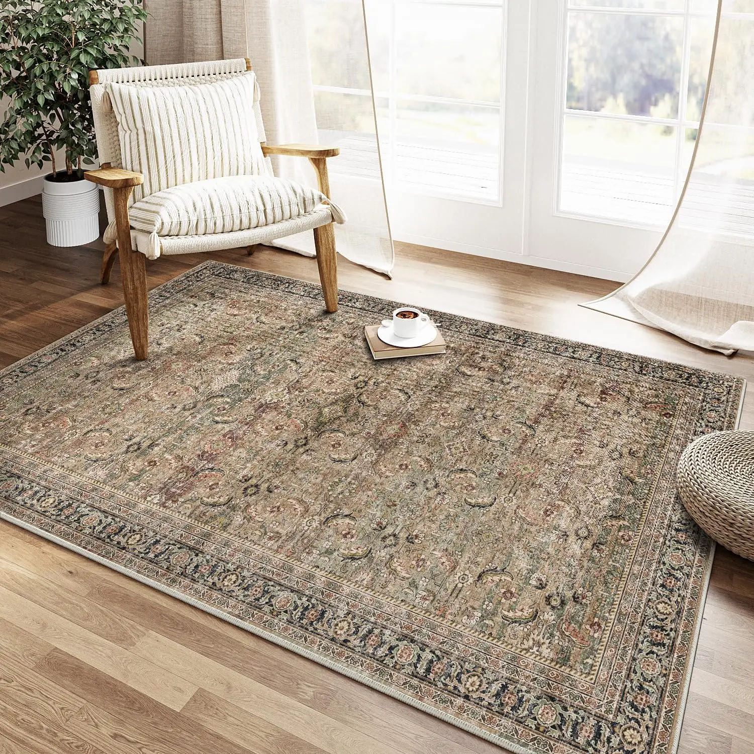 

3X5 Washable Area Rug Brown Vintage Distressed Entryway Kitchen Non Slip Low Pile Throw Rug Living Room Bedroom Indoor Doormat