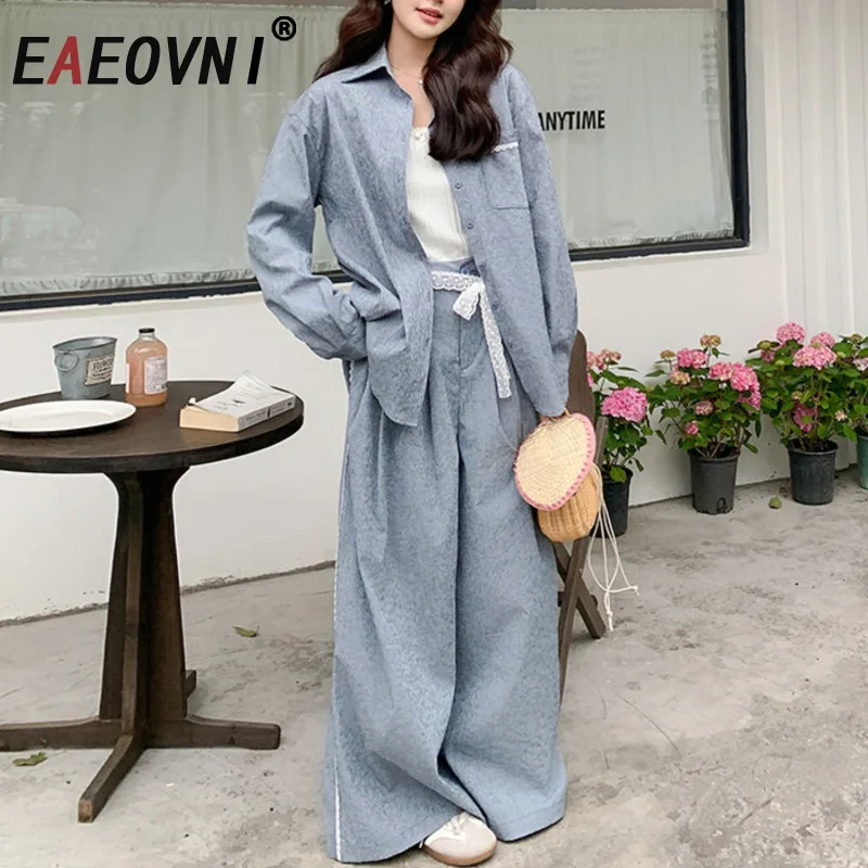 EAEOVNI Lace Patchwork Design 2 Piece Set Women Fashion Long Sleeve Shirt + Wide Leg Trousers Casual 2025 Autumn New Clothing