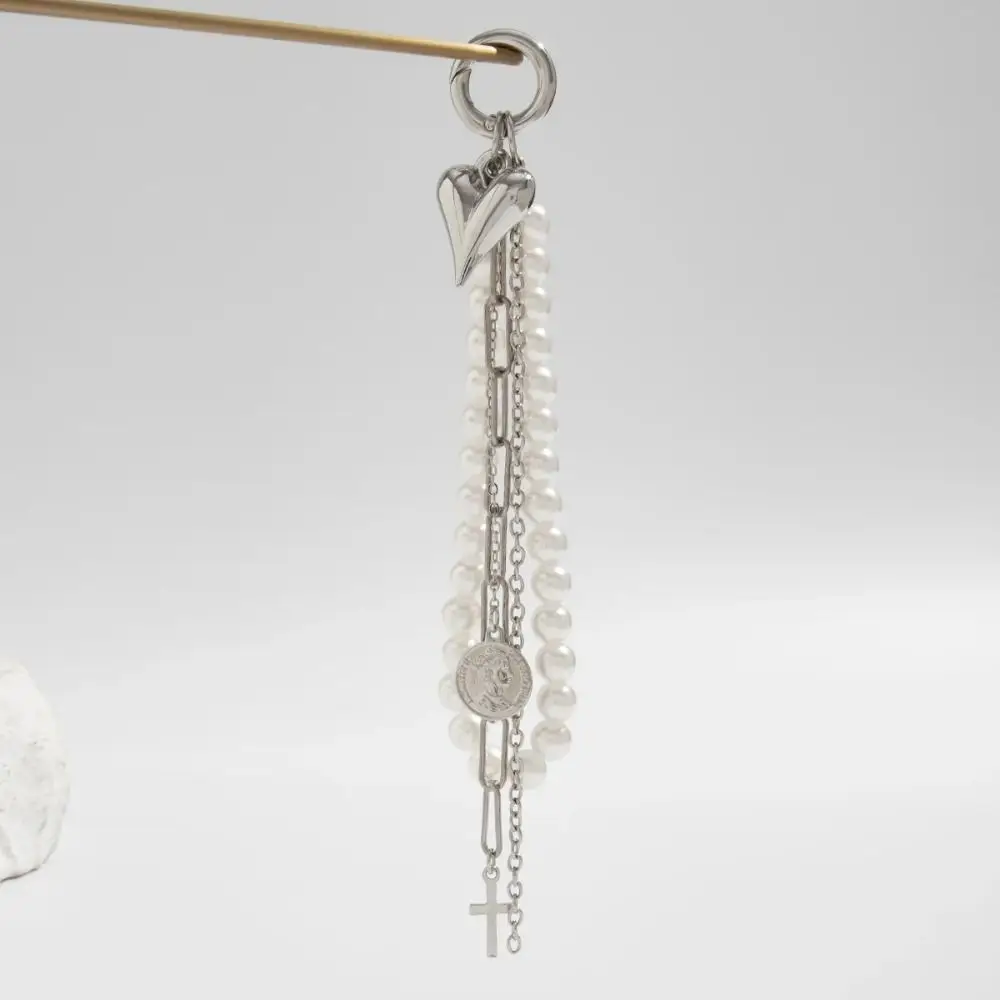 Elegant Metal Pearl Beaded Keychain Peach Heart Shape Tassel Decoration Pendant Jewelry Bead Bag Chain Gifts