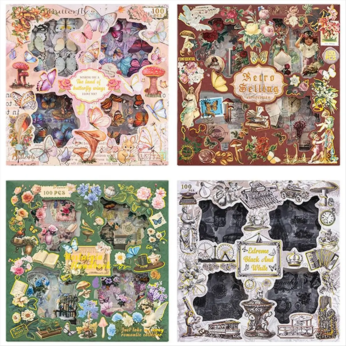 ABJS 100 Sheets Vintage Butterfly Plant Flower Scrapbook Stickers for Junk Journal Supplies,Nostalgia Handbook