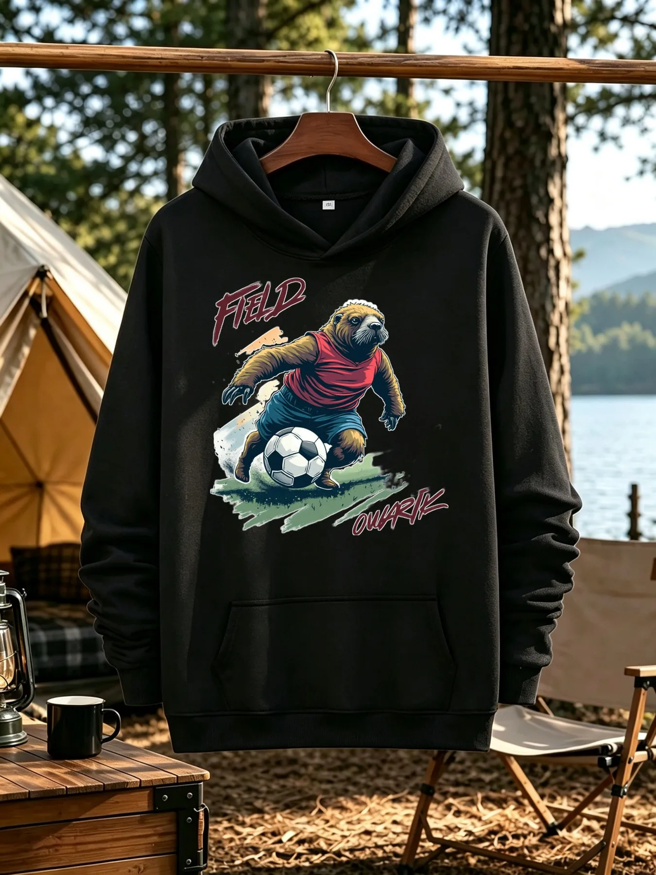 Men's Hoodie, Football Training Match Day, Groundhog Field Print, Casual Loose Version, Long Sleeve Top, Suitable for Outdoor Sports, Weekend Activities, Autumn and Winter
