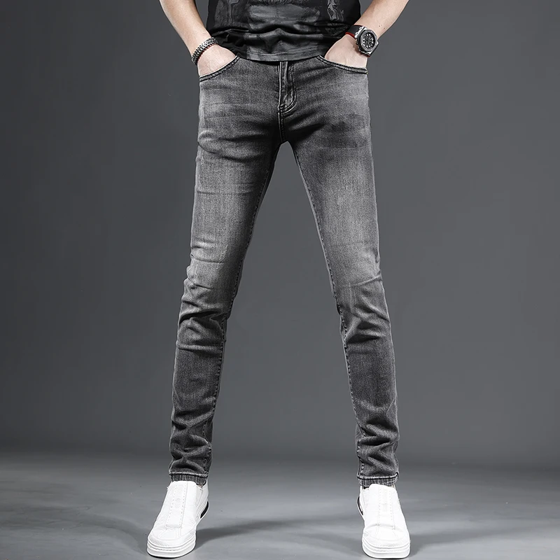 

Summer Dark Gray Slim Fit Jeans Men Korean Style Casual Stretch Denim Pants