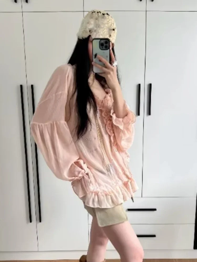 Sommer Sonnenschutz Strass Blusen Frauen V-ausschnitt Rüschen Lose Shirts Flare Hülse Vintage Süße Bluse Camisas De Mujer