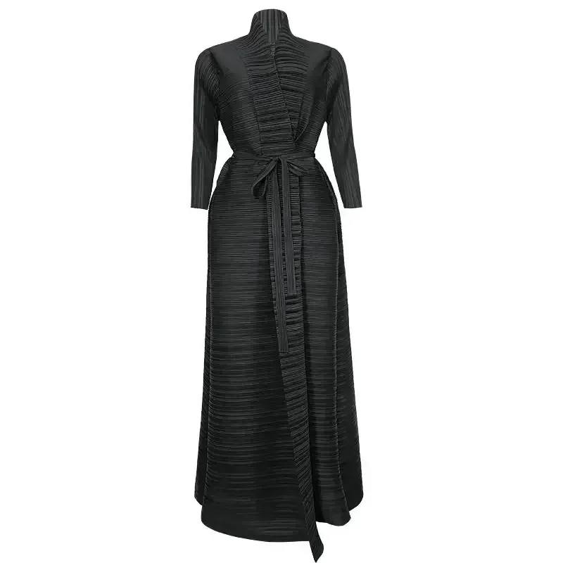 Miyake Pleated Black Gown Coat Cardigan Dress Chic Lapel Collar Ruched Maxi Skirt Women 2023 Fall Winter Streetwear