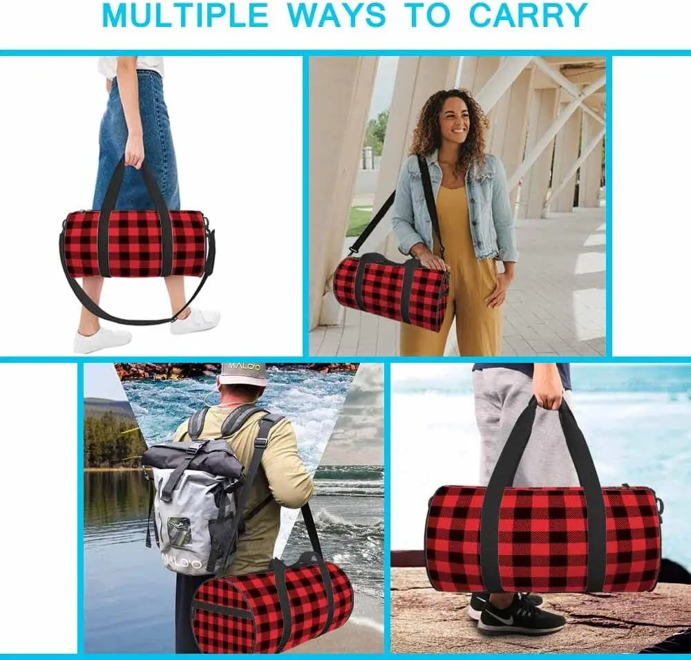 Red Black Plaid Sports Duffle Bag Buffalo Check Lumberjack Tartan Gingham Weekender Bag for Travel Tote Gym Bag Shoulder Bag