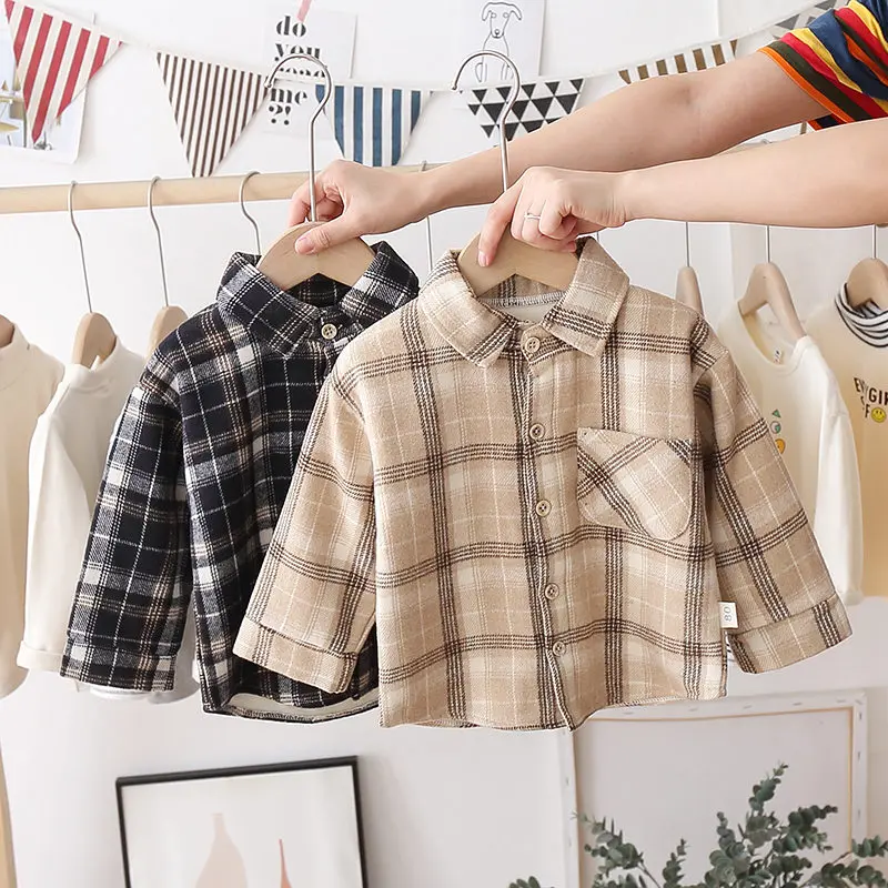 Fashion Boys Shirt New Plaid Style Kids Long Sleeve Shirts Children\'s Cotton Clothes Kids Boy Girls Thicken Blouses Velvet Tops