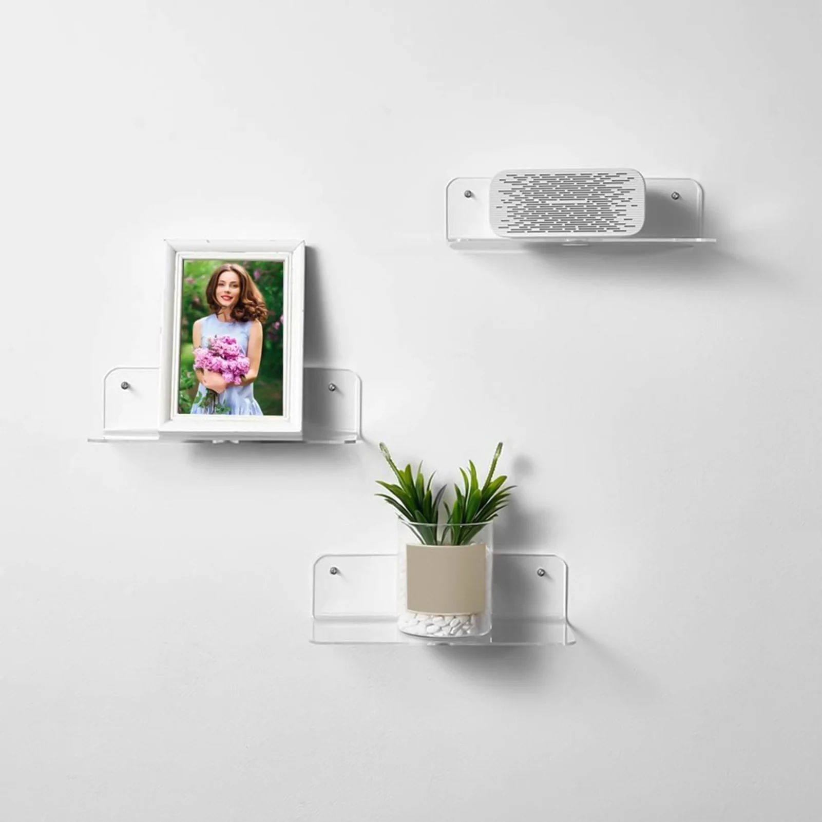 2PCS Acrylic Shelves for Wall Storage Space Saving Items Organizer Clear Display Shelf for Smart Speaker & Action Figures