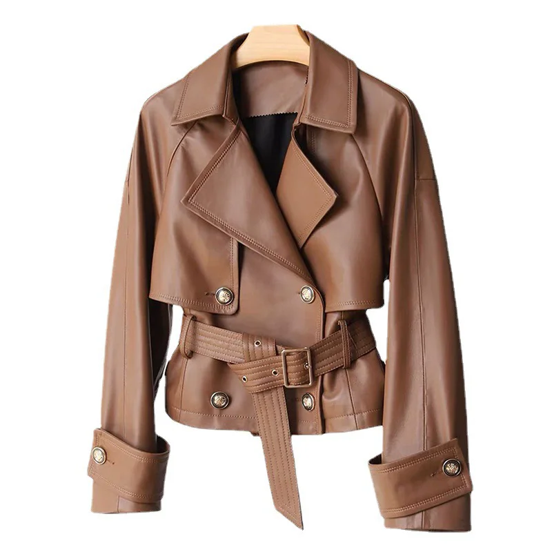 2026 Nuovo primo strato giacche di pelle di pecora moda donna cintura doppio petto femminile allentato giacche da moto in vera pelle cappotti