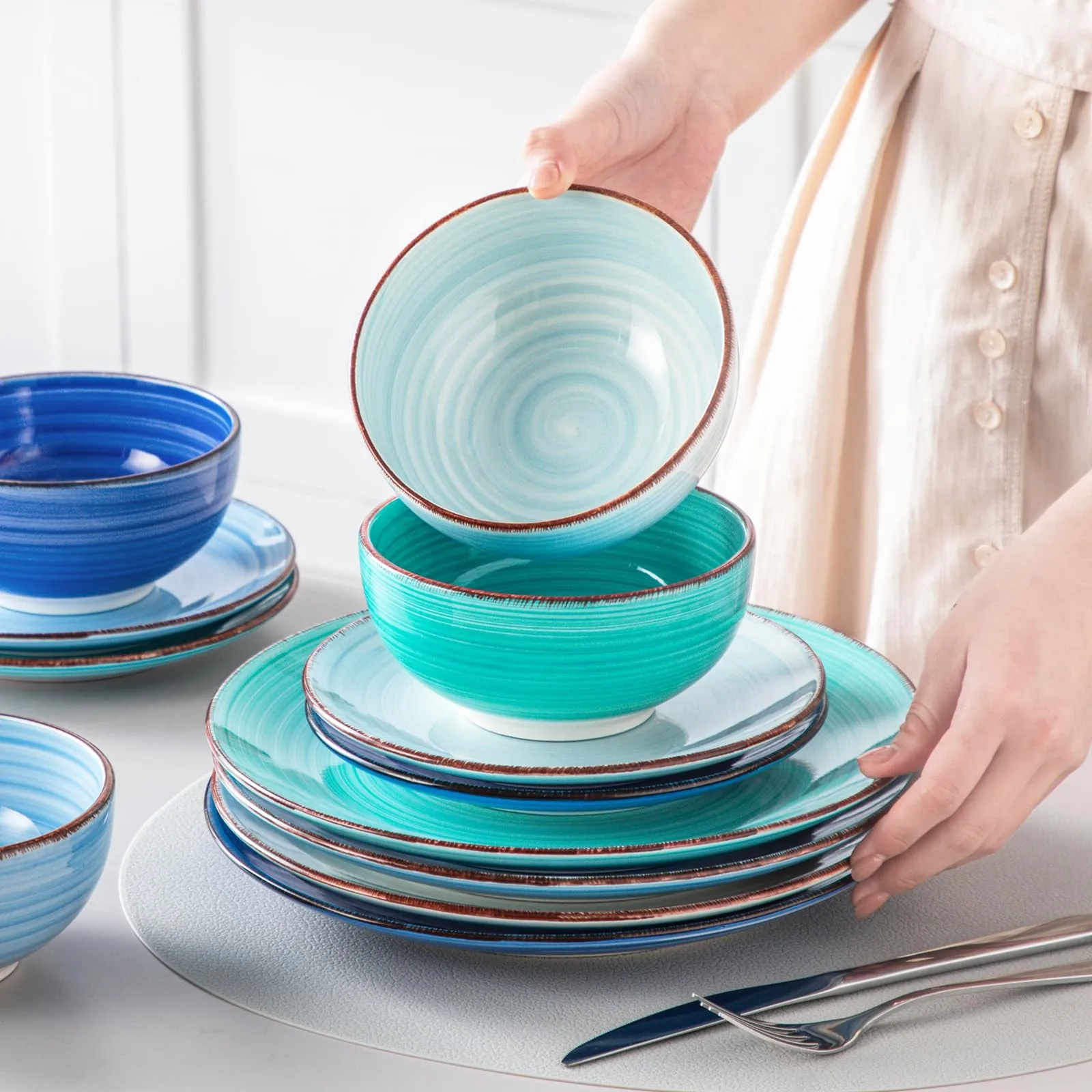 طقم أدوات مائدة سيراميك طقم أواني طعام أنيق مكون من 12 قطعة من الخزف الحجري الأزرق لـ 4 تصميمات حديثة مرسومة يدويًا #6