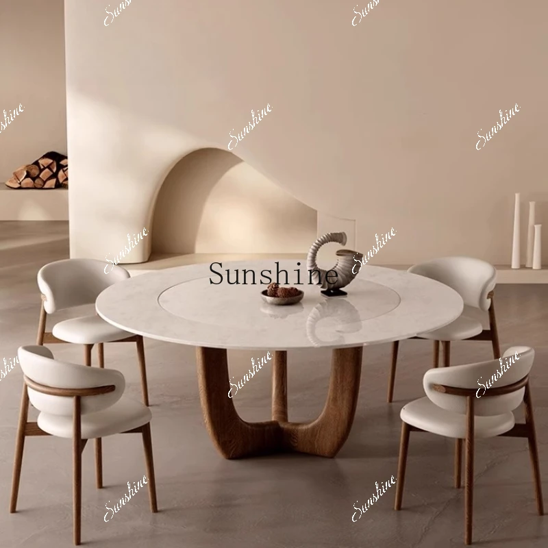Italian minimalist pure natural luxury stone dining table high sense walnut color ribbon turntable  FT