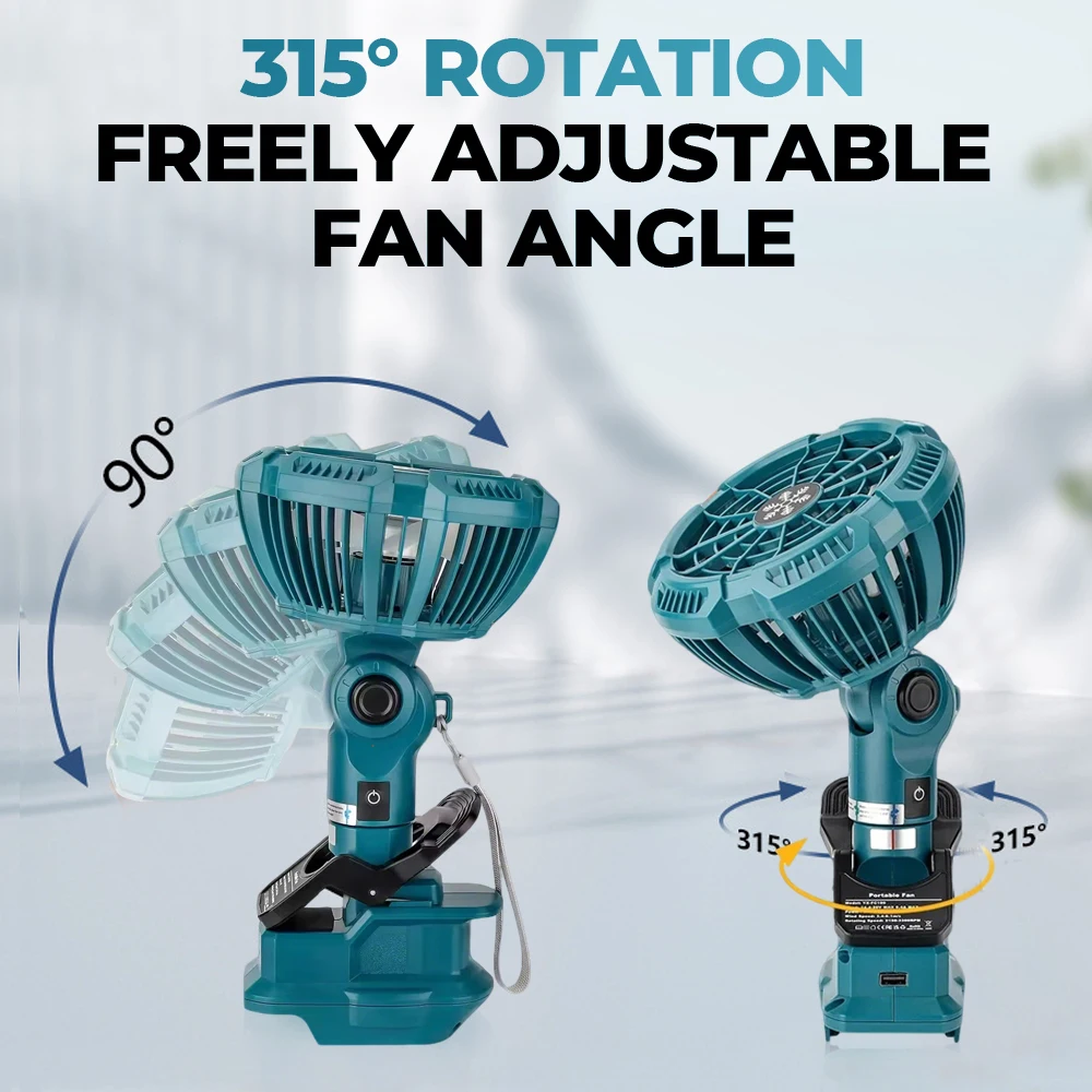 

Беспроводной вентилятор для рабочей площадки для литий-ионных аккумуляторов Makita 18 В, 3 скорости, регулируемый уличный перезаряжаемый вентилятор для кемпинга 315 ° Вращение