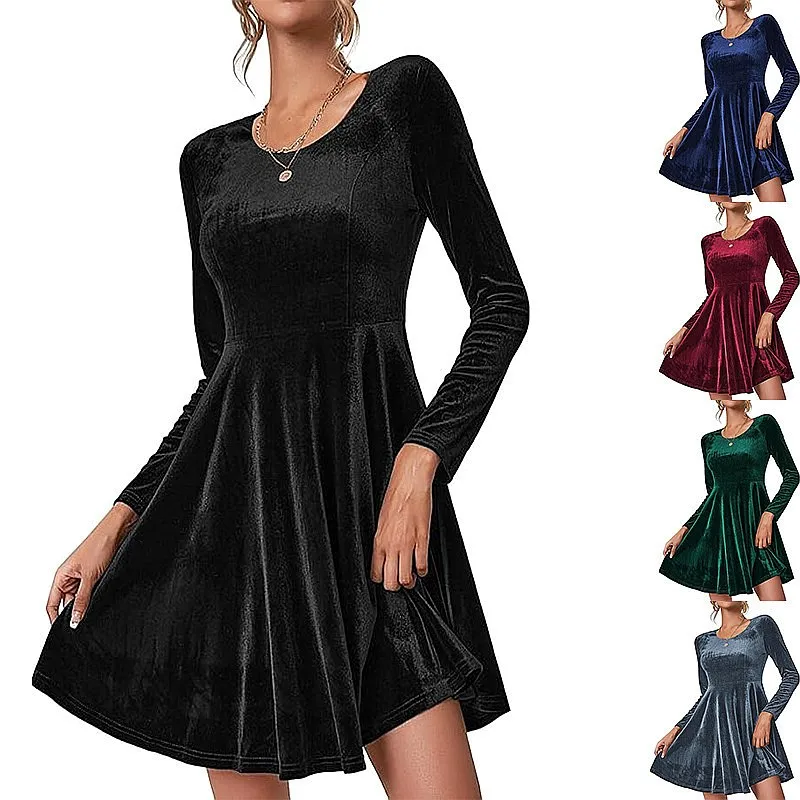 Elegantes Samtkleid mit langen Ärmeln und Rundhalsausschnitt, A-Linie, Midi-Kleider für Damen, Frühling, Sommer, Abendkleid