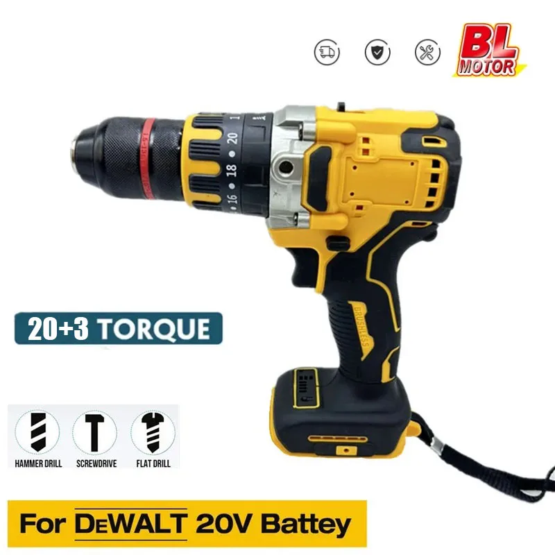 For DeWALT 20V Battery Cordless Electric Drill 20+3 Torque Brushless Impact Hammer Drill 13MM Chuck Screwdriver Power Tools