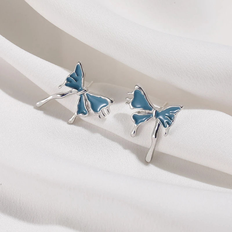 Blue Enamel Tiny Butterfly Stud Earrings for Women Silver Color Metal Mini Animal Cute Ear Jewelry 2024 new in brincos