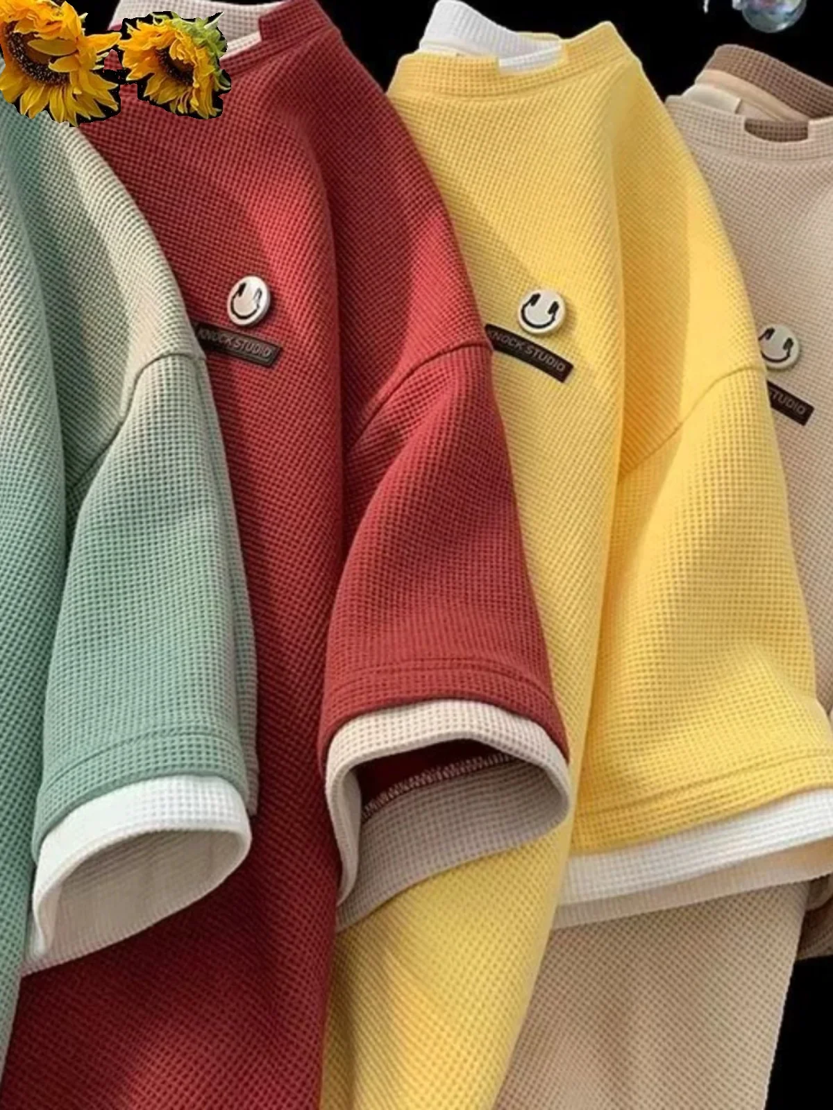 American Retro Wfle Pattern ort Sve Men's Summer Trendy Brand Fake Two-Piece T-irt Loose Fit oulder-Length Sve Top