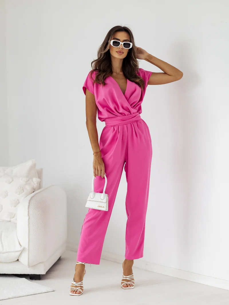 Dameskleding Zomermode Casual Effen Kleur Nauwsluitende Pasvorm Jumpsuit Met Korte Mouwen