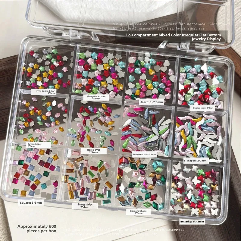 LYLE 12 Grid 3D Color Crystal Flat Back Rhinestones Nail Art Gem Teardrop Rhombus Heart Glass Irregular Nail Charms DIY Manicure