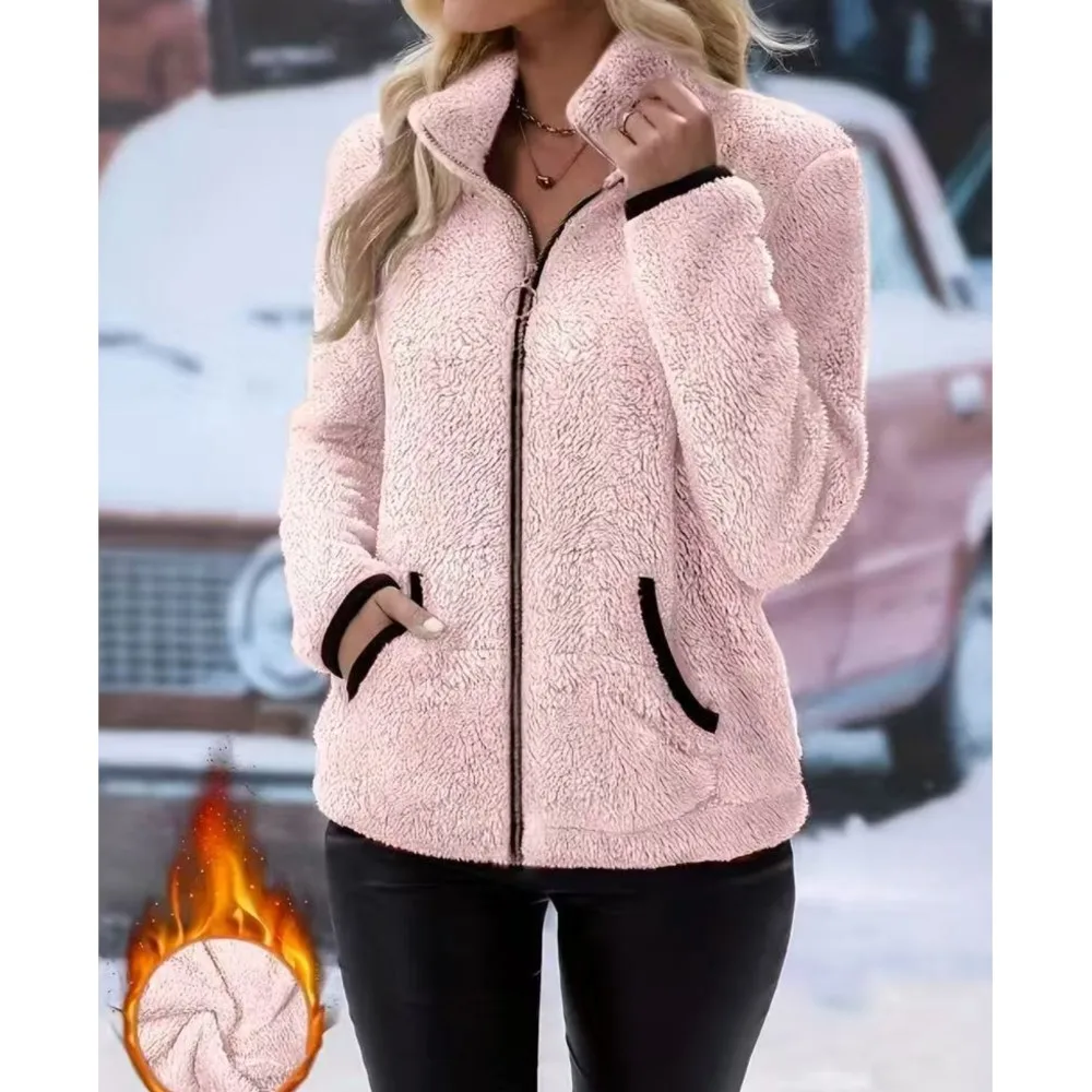 Fall/Winter New Women's Fashion Zippered Standing Collar Warm Coat Casual With Pockets Soft Fur Coat Female Homewear Jacket Coat