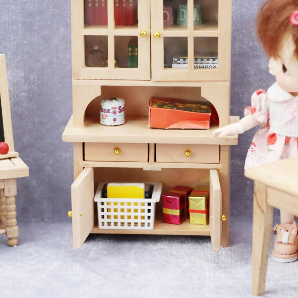 Wooden Mini Furniture Toys for Kids Bookshelf Childrens Dollhouse Adornment Cabinet Room