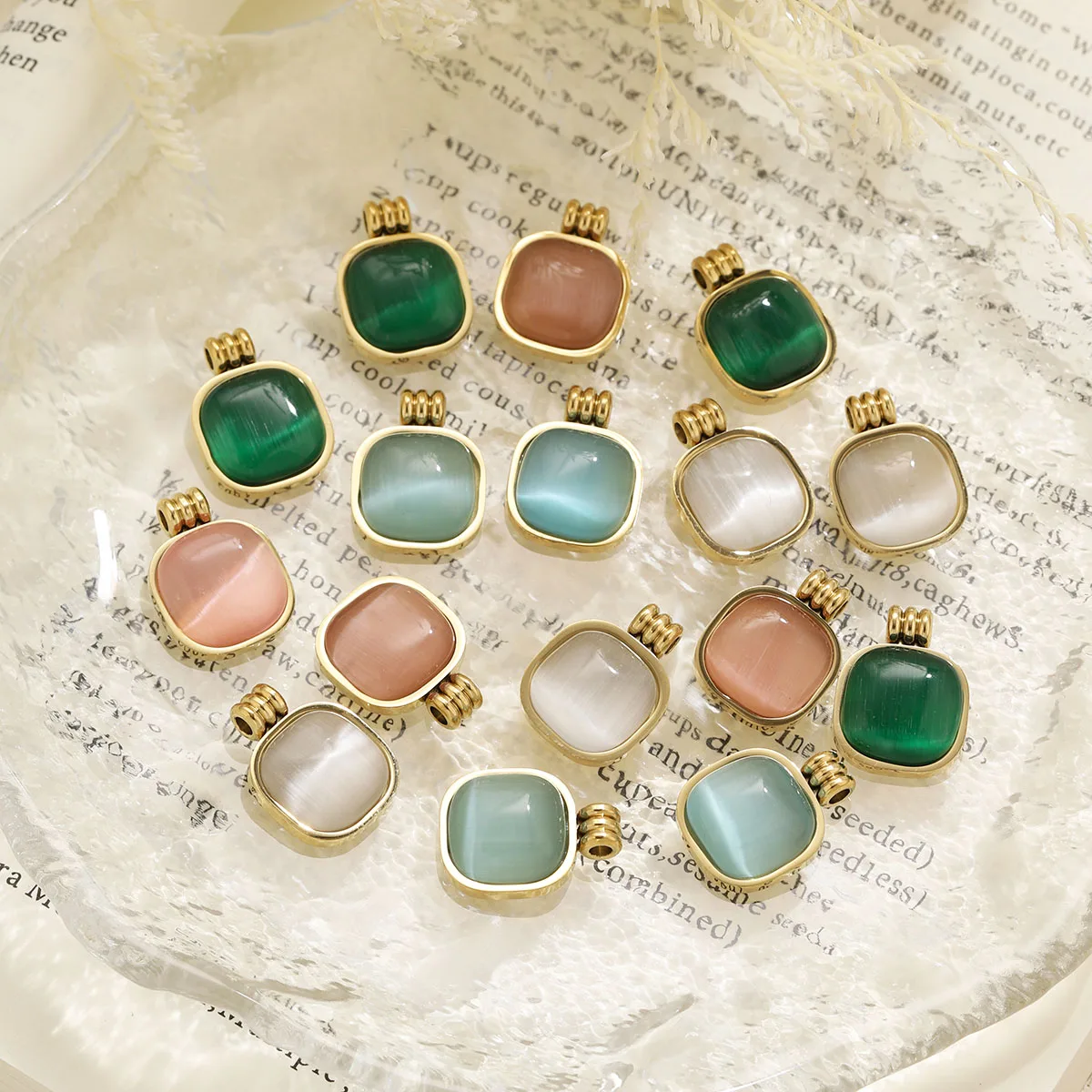 2pcs Cat's Eye Stone Square Rounded Charms Stainless Steel Gold Plated Pendants DIY Necklaces Earrings Women Jewelry Wholesale view 6