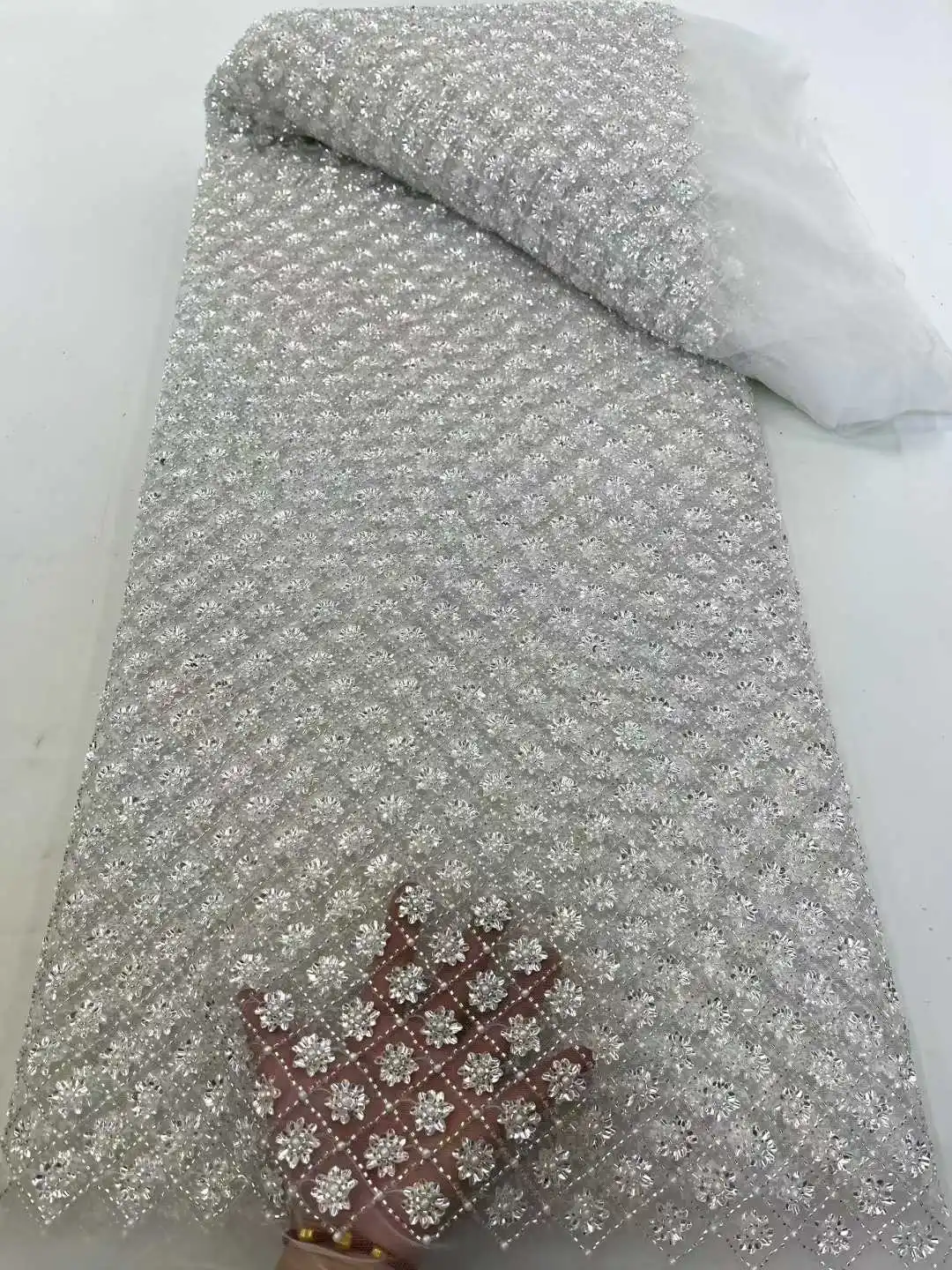 2025 New Design African Heavy Beaded Lace Tulle Lace Fabric French Sequins Embroidery Lace Fabric For Dresses Wedding Material