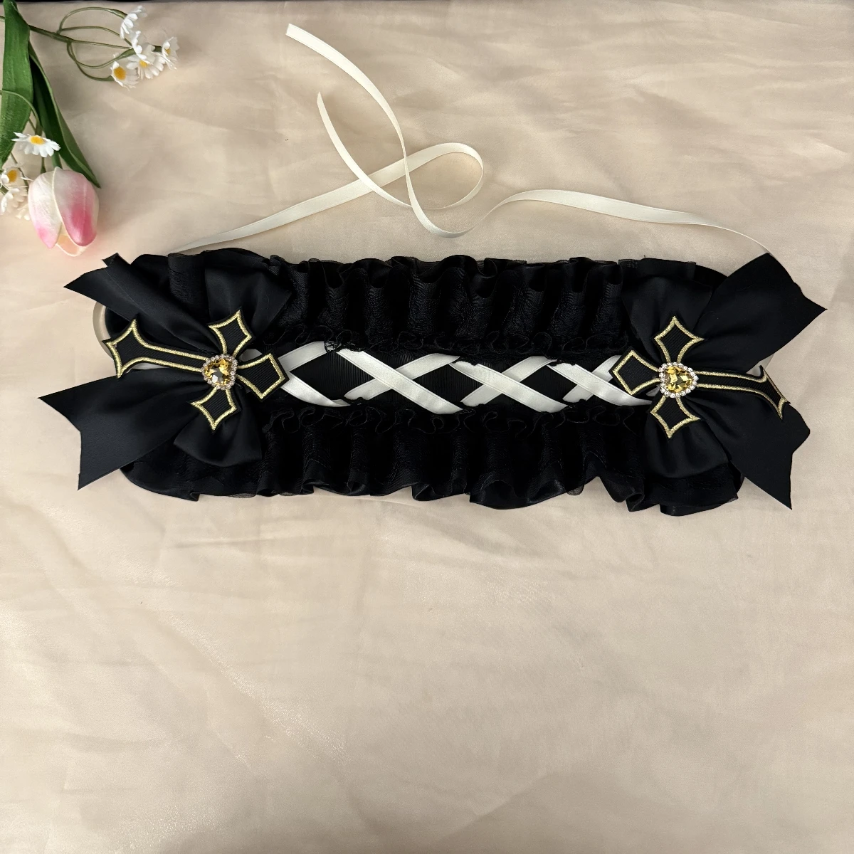 هالوين القوطية نمط رباط شعر النساء الفتيات لوليتا رائع الصليب المشابك مقوس دانتيل عقال